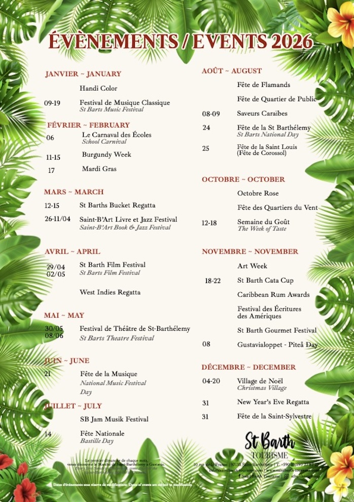 Calandrier des fetes et des evenements de St Barth 2026